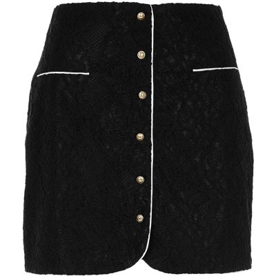 Black button front lace mini skirt